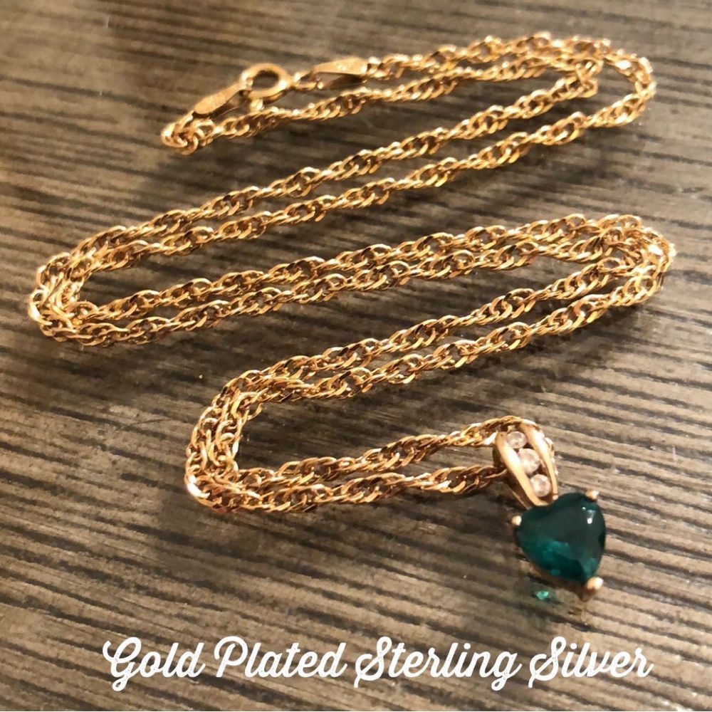 Vintage Gold Plated Sterling Rope Chain & Green Heart Shaped CZ